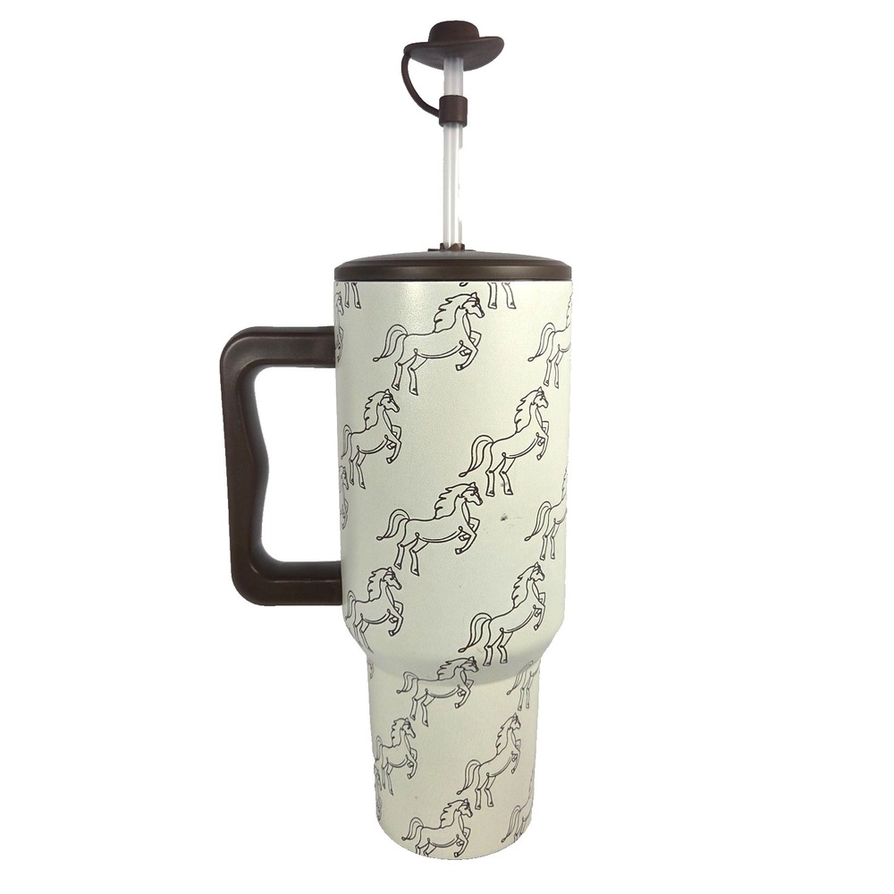 Kossie Home 40 oz Horse Tumbler Mug Cowboy Hat Straw Lid Handle Brown
